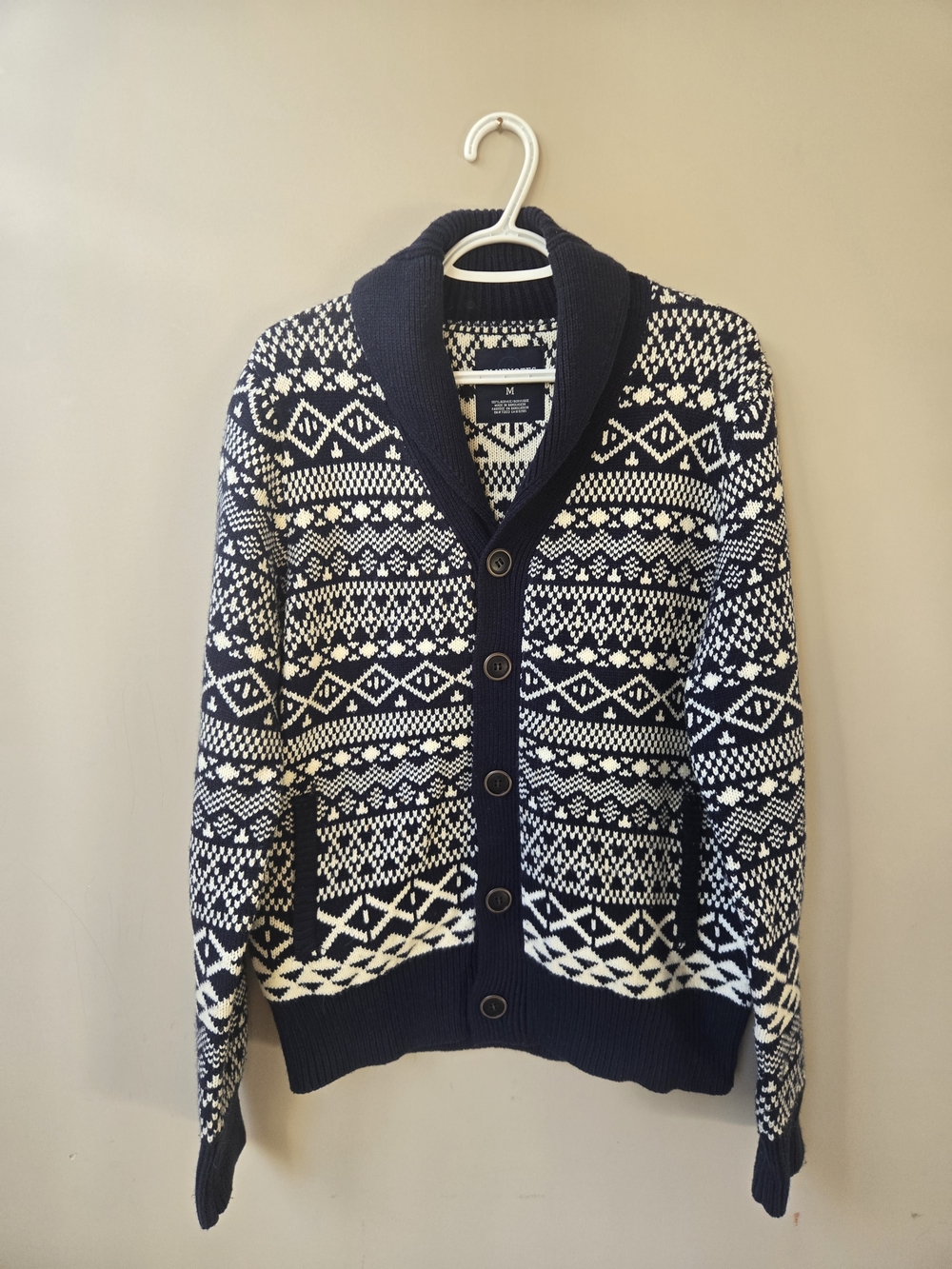 Bluenotes Fair Isle Shawl Collar Cardigan Sweater Navy Cream Medium